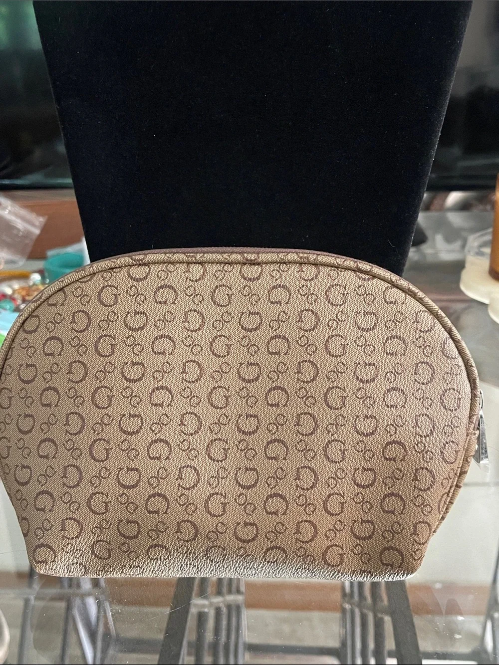 Guess Brown Monogram Cosmetic Pouch